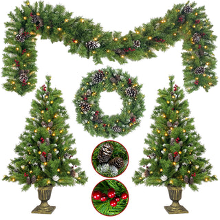 Pre-lit Xmas Tree Artificial Christmas 4-Piece Set, Garland, Wreath and Set of 2 Entrance Trees X-mas with Led Lights, Christmas Tree