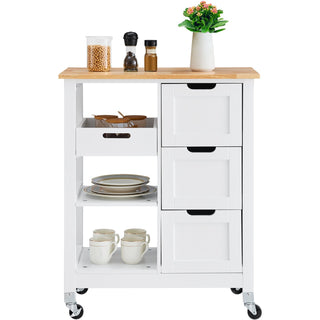 Rolling Small Kitchen Island Cart with Solid Wood Top, Mobile Utility Cart on Wheels with 3 Drawers and Storage Shelves, White Dining Room Serving Cabinet