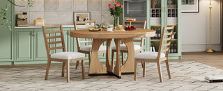 TREXM 5-Piece Retro Rustic Functional Dining Set – 1 Extendable Table with 16-Inch Leaf and 4 Upholstered Chairs, Unique Geometric Design, Ideal for Dining Room and Kitchen (Natural)