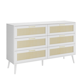 white Rattan 6 Drawers  Chest of Dressers for Bedroom Modern 6 Drawer Dresser, Wide Chest of Drawers with Gold Handles,  Rattan Dresser Storage Cabinet for Living Room, Bedroom, Hallway