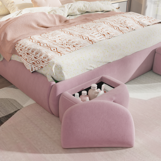 Full Size Upholstered Platform Bed with Cartoon Ears Shaped Headboard and Light, Pink