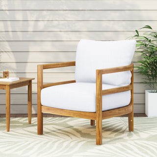 Outdoor Acacia Wood Patio Club Chair - Waterproof Thick Cushion Deep Seating, 400lbs Weight Capacity, for Porch, Garden, Backyard, Balcony (Light Teak Finish, White)