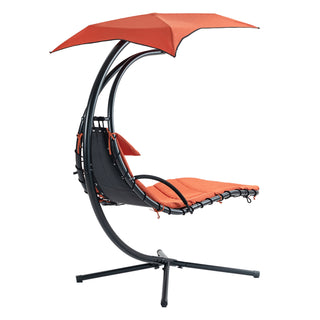 Hanging Chaise Lounger with Removable Canopy, Outdoor Swing Chair with Built-in Pillow, Hanging Curved Chaise Lounge Chair Swing for Patio Porch Poolside, Hammock Chair with Stand (Orange)