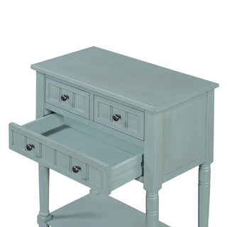 TREXM Narrow Console Table, Slim Sofa Table with Three Storage Drawers and Bottom Shelf (Light Blue)