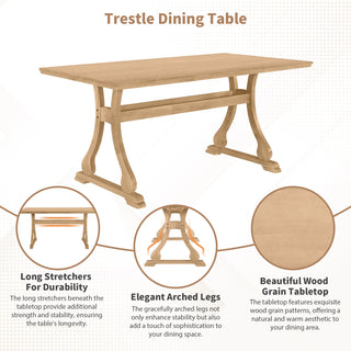 TOPMAX Retro 6-Piece Trestle Dining Table Set – Upholstered Dining Chairs & Dining Bench, Smooth Backs for Dining Room, Living Room, Kitchen, Natural Finish