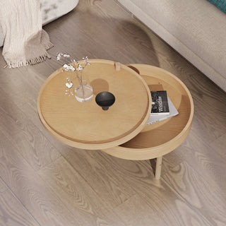 Modern Round Wood Rotating Tray Coffee Table with Storage & Metal Legs in Natural