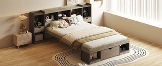 Queen Size Wood Platform Bed with Multi-storage Headboard and a Drawer, Gray