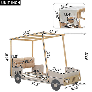 Wood Twin Size Car Bed with Pillow, Ceiling Cloth and Led, Natural