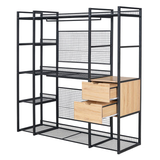 Open-Style Wardrobe with Hanging Rails, Shelves and Drawers, Black