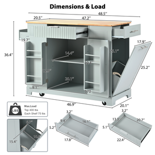 : K&K Fluted Kitchen Island with Trash Can Storage Cabinet, Power Outlet, Internal Storage Rack, Rolling on 5 Wheels, 3 Drawers, 3 Open Side Racks for 10 Gallon Garbage Bin, Grey Blue