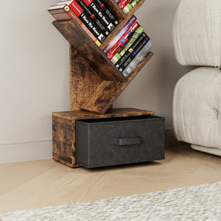 9 Tier Tree Bookshelf with Drawer Bookcase, Modern Book Storage, Free Standing Tree Bookcase, Utility Organizer Shelves for Home Office, Living Room, Bedroom, Rustic Brown