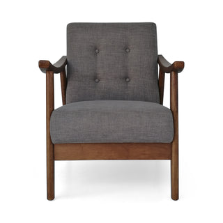 Mid-Century Modern Accent Chair, Tufted Armchair with Dark Gray Upholstery and Brown Frame, 1-Piece