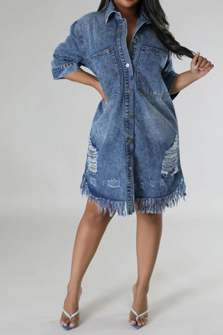 Distressed Raw Hem Button Up Denim Dress for Women