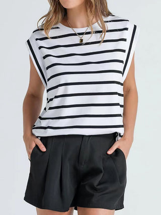 Striped Round Neck Cap Sleeve T-Shirt for Women