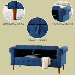 62" Bedroom Tufted Button Storage Bench, Modern Fabric Upholstered Ottoman, Window Bench, Rolled Arm Design for Bedroom, Living Room, Foyer (Blue)