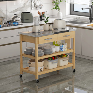 Stainless Steel Countertop Solid Wood Kitchen Cart with Storage Drawers and Shelves – Rotatable Kitchen Island with Steel Table Top and Tower Rack, Rolling Utility Trolley Cart for Kitchen and Dining