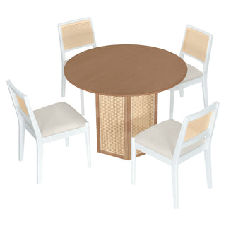 TOPMAX 5-Piece Rattan Round Dining Table Set, Wood Table with Hexagonal Base and Upholstered Chairs for Dining Room, Kitchen,Indoor Use, White+Beige
