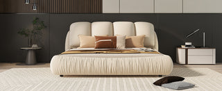 Queen Size Luxury Upholstered Bed with Thick Headboard, Velvet Queen Bed with Oversized Padded Backrest, Beige