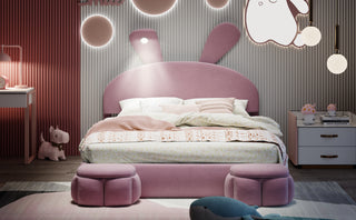 Full Size Upholstered Platform Bed with Cartoon Ears Shaped Headboard and Light, Pink