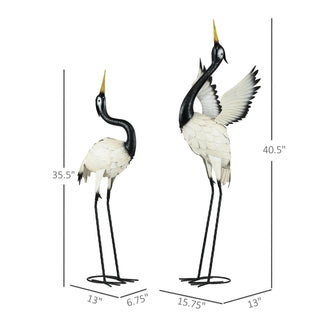 Outsunny Heron Garden Statues, 35.5" & 40.5" Standing Bird Sculptures, Metal Yard Art for Lawn, Patio, Backyard, Landscape Decoration, Set of 2, White & Black