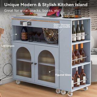 K&K Rolling Kitchen Island with Extended Table, LED Lights, Power Outlets, 2 Fluted Glass Doors, Storage Compartment and 3 Open Shelves, Grey