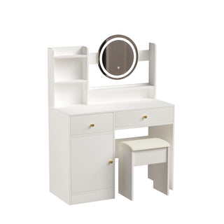 Fashion Vanity Desk with Mirror and Lights for Makeup and Cushioned Chair, Vanity Mirror with Lights and Table Set with 3 Color Lighting Brightness Adjustable,Dressing table,  White Color