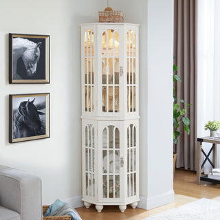 Corner Curio Cabinet with 4 Adjustable Glass Shelves & Lighting, Solid Wood Legs, Acrylic Mirrored Back Panel