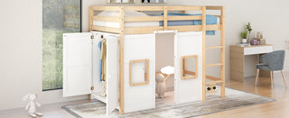 Wood Twin Size Loft Bed with Built-in Storage Wardrobe and 2 Windows, Natural/White