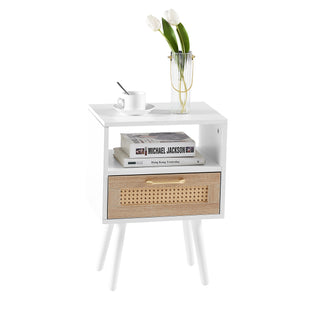 15.75" Rattan End table with  drawer and solid wood legs, Modern nightstand, side table for living room, bedroom, white