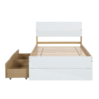 Modern Twin Bed Frame With 2 Drawers For White High Gloss Headboard and Footboard With Light Oak Color