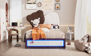 Twin Size Upholstered Platform Bed with Bear Shaped Headboard, LED Light Strips, White + Brown