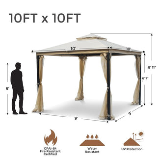 10x10FT Softtop Metal Gazebo with Mosquito Net, Heavy Duty Double Roof Canopy, Galvanized Steel Outdoor Tent for Garden, Patio, Backyard