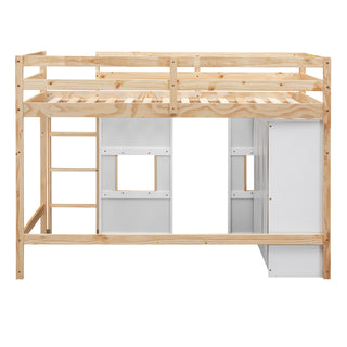 Wood Twin Size Loft Bed with Built-in Storage Wardrobe and 2 Windows, Natural/White