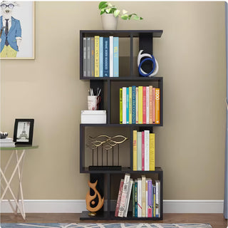 DFW 4-Tier S-Shaped Storage Shelf - Multifunctional Wooden Display Bookcase, Industrial Free-Standing Storage Rack for Living Room, Bedroom & Office (Black)