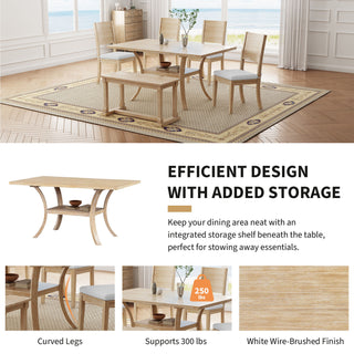 TOPMAX 6-Piece Wood Dining Table Set with Storage Shelf and Curved Legs, Kitchen Table Set with Bench and 4 Removable Cushions Dining Chairs, Modern Style, Natural+Beige Cushion