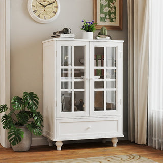 Minimalist White Buffet Cabinet with Double Glass Doors and Drawer, Modern Wooden Storage Sideboard Cupboard for Living Room, Dining Room, Hallway, Entryway