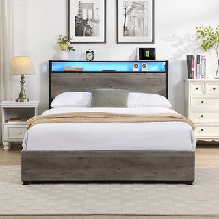 Queen Bed Frame, Storage Headboard with Charging Station, Solid and Stable, Noise Free, No Box Spring Needed, Easy Assembly