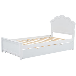 Twin Size Wood Platform Bed with Headboard and Twin Size Trundle, White