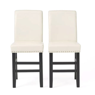 Contemporary Ivory Leather Counter Stools with Nail-Head Trim, 25-Inch Upholstered Dining Chairs (Set of 2) for Kitchen, Bedroom, Dining Room