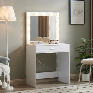 Vanity Desk with Mirror and Lights, Dressing Table with Large Drawer, 1 Level Storage Dresser & 3 Lighting Modes Adjustable Brightness, Suitable for Bedroom(White)