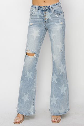 RISEN Mid Rise Button Fly Start Print Flare Jeans for Women