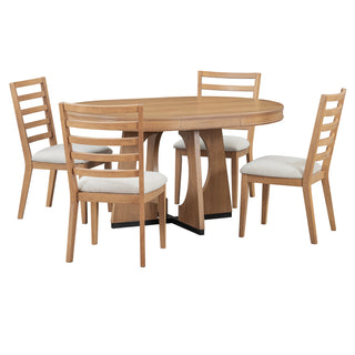 TREXM 5-Piece Retro Rustic Functional Dining Set – 1 Extendable Table with 16-Inch Leaf and 4 Upholstered Chairs, Unique Geometric Design, Ideal for Dining Room and Kitchen (Natural)