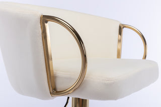 Set of 2 luxurious Ivory Velvet Bar Stools with Gold Legs, Chrome Footrest, Swivel & Adjustable Height