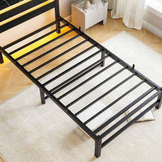 Twin Size Bed Frame Heavy Duty Platform Bed Frame with Headboard, USB Charging Station, LED Bed, No Box Spring Needed, Mattress Foundation, Strong Steel Slats, Noise Free, Black