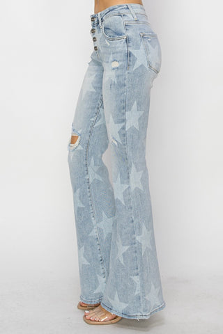 RISEN Mid Rise Button Fly Start Print Flare Jeans for Women