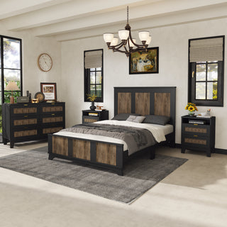 4-Pieces Bedroom Sets, Full Size Farmhouse Platform Bed with Wooden Strip Stickers Decoration, Storage Nightstand and Dresser with Metal Handle, Black