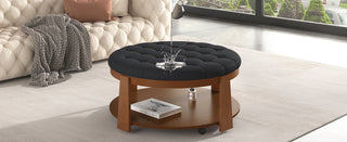 Modern Large Round Ottoman Coffee Table 2-Tier Oversized Button Tufted Ottoman with Wood Shelf Storage Upholstered Coffee Table for Living Room Footrest Ottoman with wheel, waterproof Linen