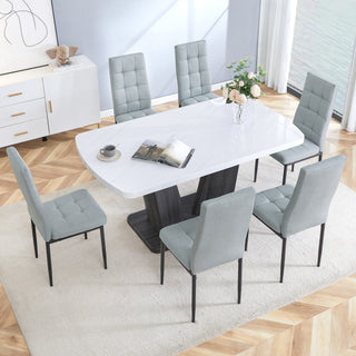 Modern Dining Table Set for 6, 7 Piece Dining Set, 63" Rectangle Kitchen Table with 6 Upholstered Chairs, 1.8" Thickness Tabletop and V-shaped Table Legs, White Faux Marble Dining Set for Kitchen Room