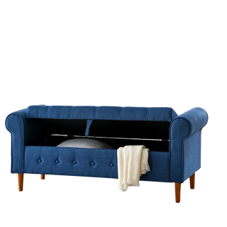 62" Bedroom Tufted Button Storage Bench, Modern Fabric Upholstered Ottoman, Window Bench, Rolled Arm Design for Bedroom, Living Room, Foyer (Blue)