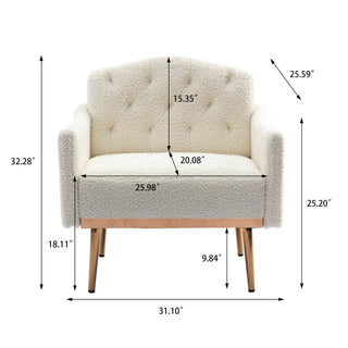 COOLMORE Modern Accent Chair with Arms, Tufted Decorative Fabric Armchair with Gold Metal Legs, Upholstered Reading Chair for Living Room Bedroom Office (White Teddy)